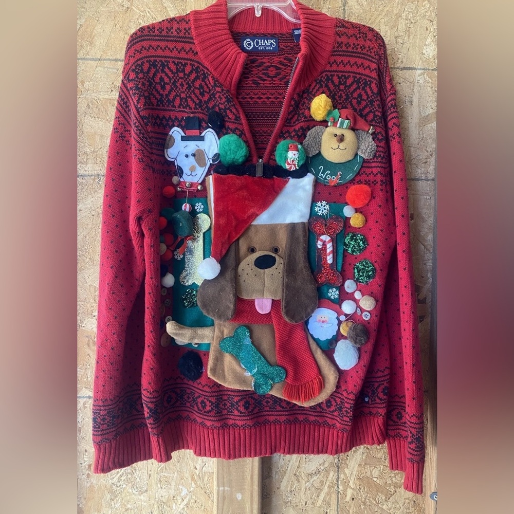 Chaps Red Holiday Dog Patch Sweater -Ugly Sweaters